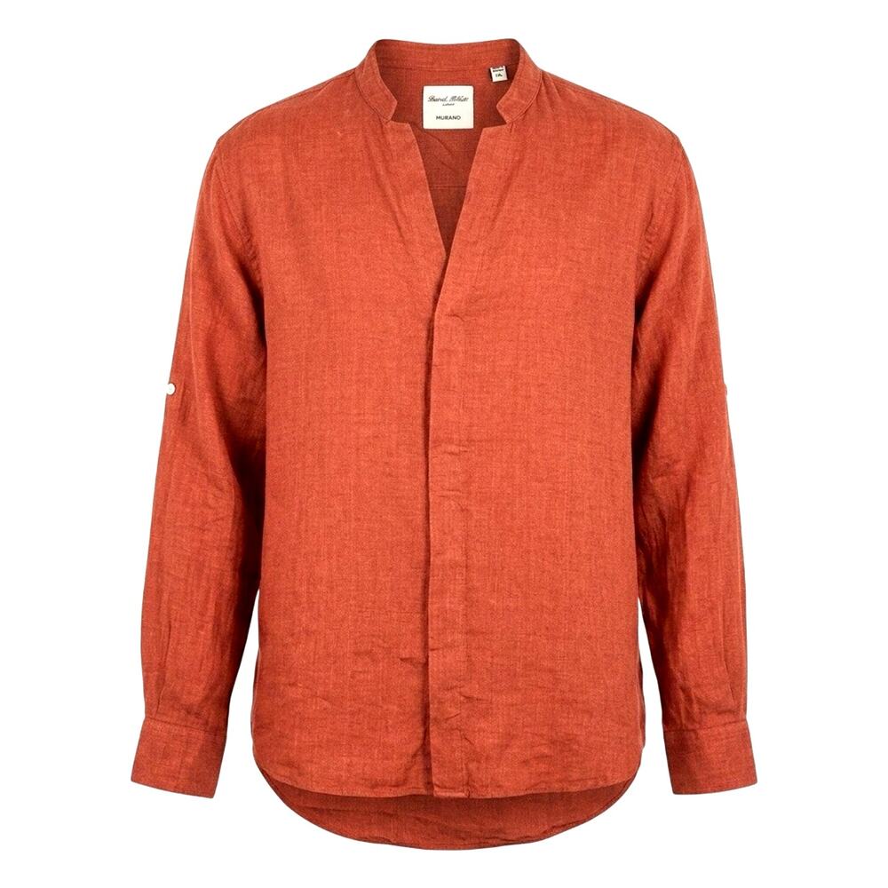 Murano Baird McNutt Linen Shirt Mens XL Rust Orange Mandarin Band Collar V-Neck